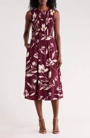 Calvin Klein Smocked Sleeveless Fit & Flare Midi Dress