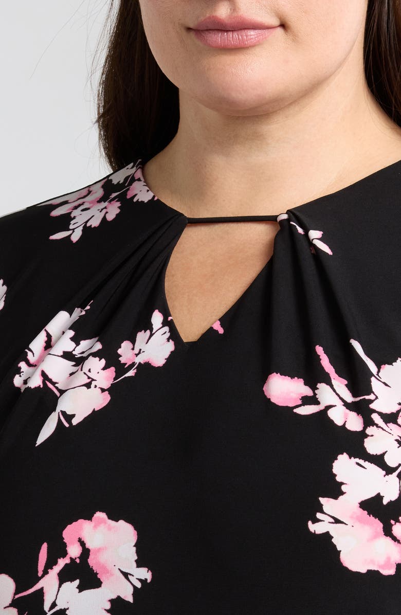 Anne Klein Floral Print Pleat Neck Top, Alternate, color, Anne Black Multi