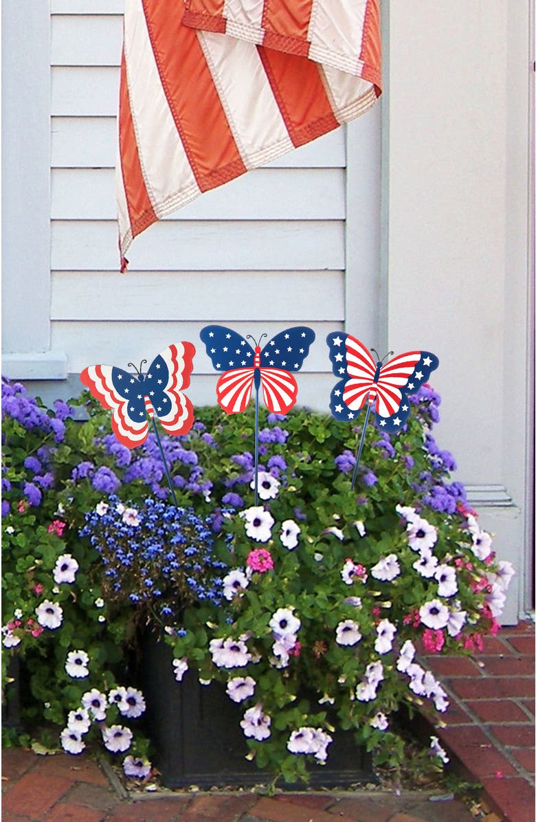 Glitzhome Set of 3 Patriotic Americana Metal Butterflies Yard Stake, Alternate, color, 