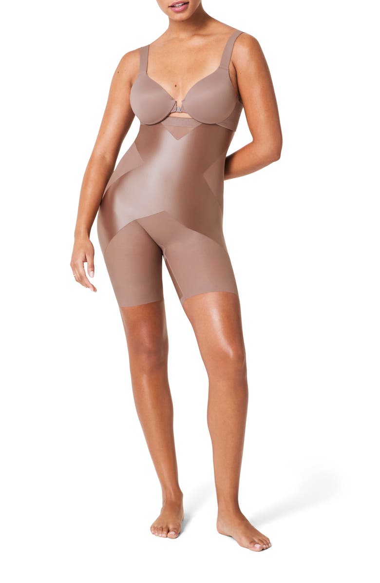 SPANX<sup>®</sup> SPANXshape<sup>™</sup> Satin-X<sup>™</sup> High-Waisted Mid-Thigh Shorts, Alternate, color, Cafe Au Lait