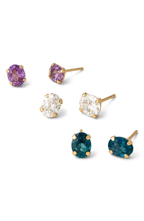 Set of 3 14k Gold Oval Gemstone Stud Earrings