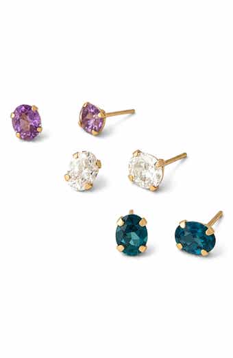 Set of 3 14k Gold Oval Gemstone Stud Earrings