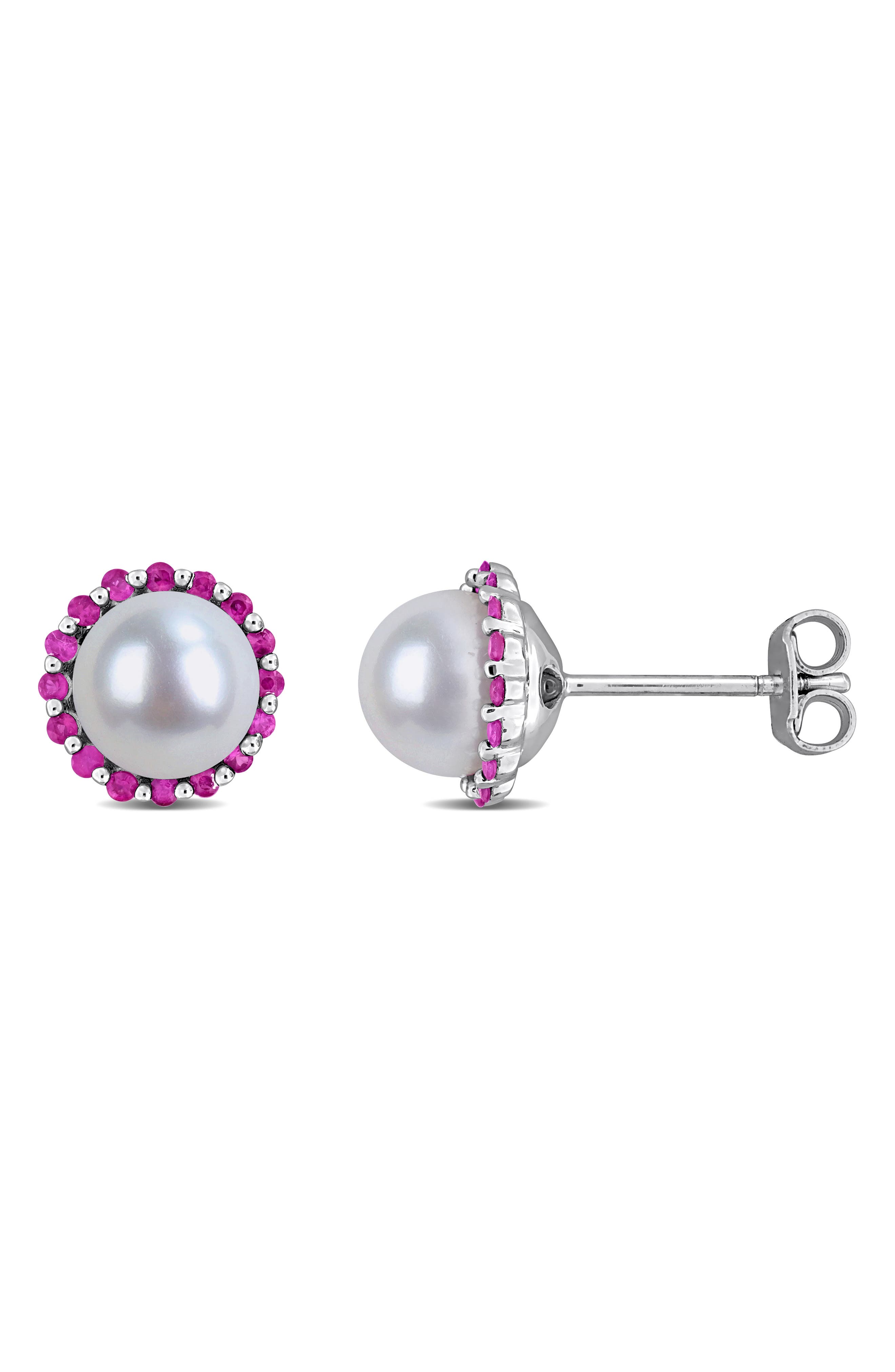 DELMAR 7 - 7.5mm Cultured Freshwater Pearl & Created Ruby Stud Earrings