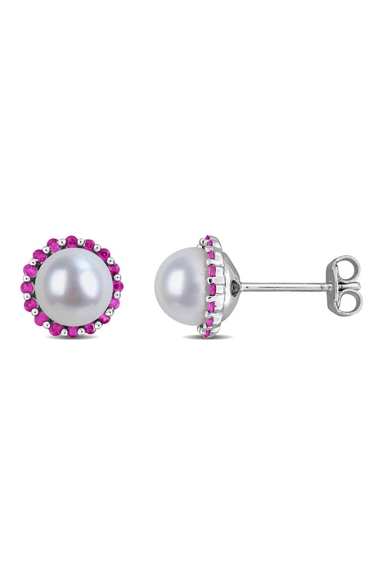 7 - 7.5mm Cultured Freshwater Pearl & Created Ruby Stud Earrings, Main, color, RED