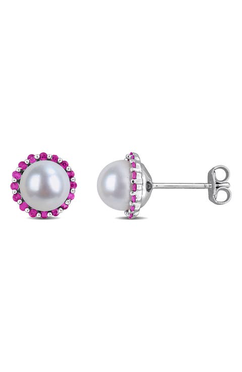 7 - 7.5mm Cultured Freshwater Pearl & Created Ruby Stud Earrings