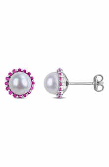 DELMAR 7 - 7.5mm Cultured Freshwater Pearl & Created Ruby Stud Earrings