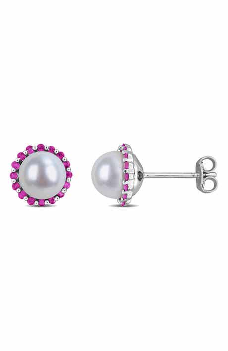 DELMAR 7 - 7.5mm Cultured Freshwater Pearl & Created Ruby Stud Earrings