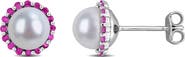 DELMAR 7 - 7.5mm Cultured Freshwater Pearl & Created Ruby Stud Earrings