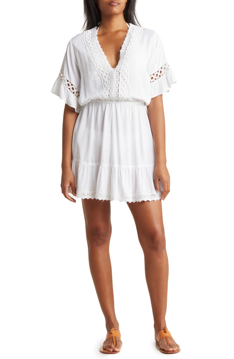 BOHO ME Crochet Lace Trim Cover-Up Tunic, Main, color, White