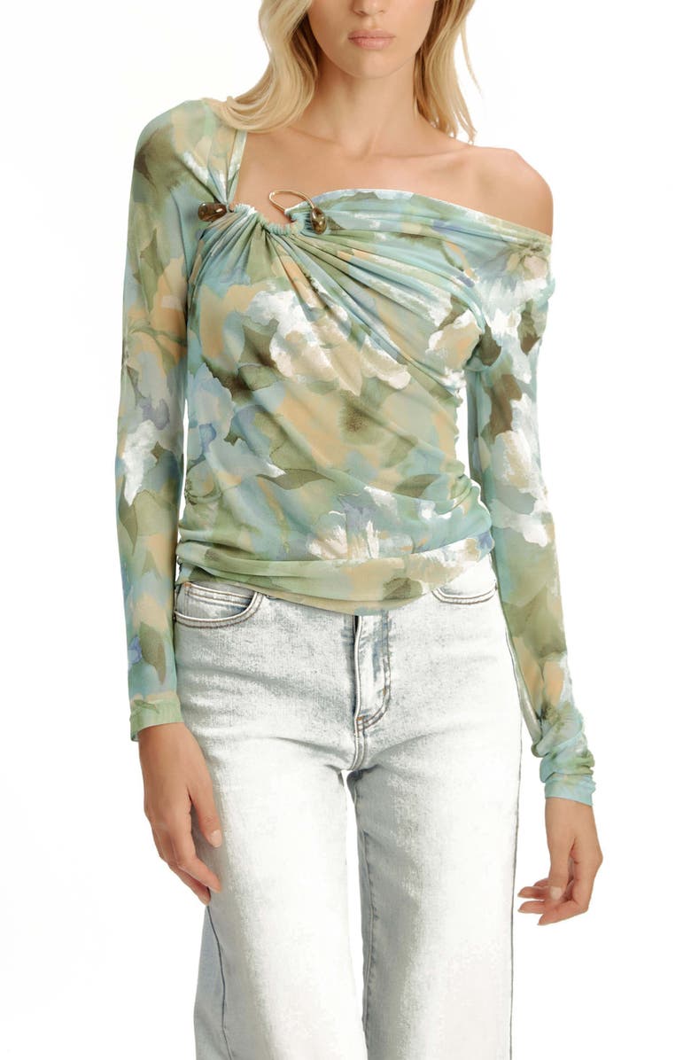 Bardot Marisol Asymmetric Mesh Top, Alternate, color, Green Flo