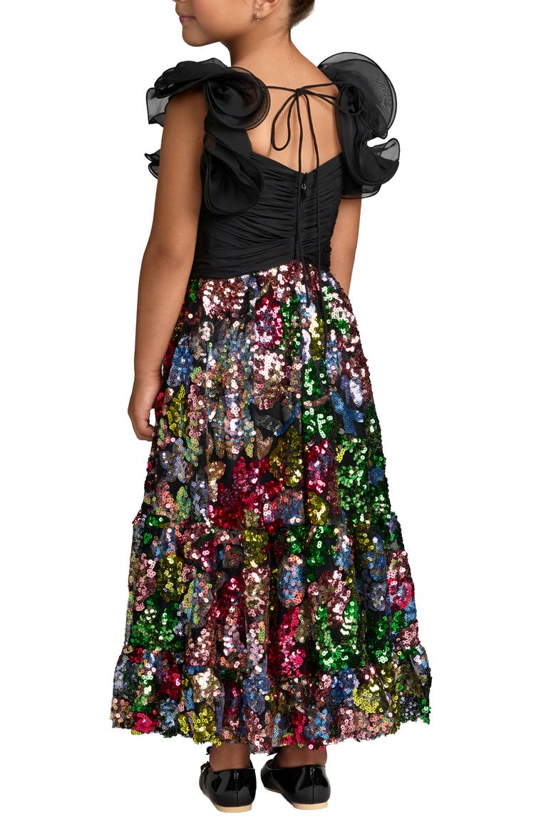 Girls Sequin Floral Maxi Dress with Ruffle Sleeves, Alternate, color, Black Multi