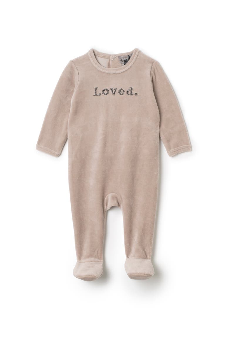 Small Moments Loved Embroidered Velour Snap Romper, Main, color, Beige