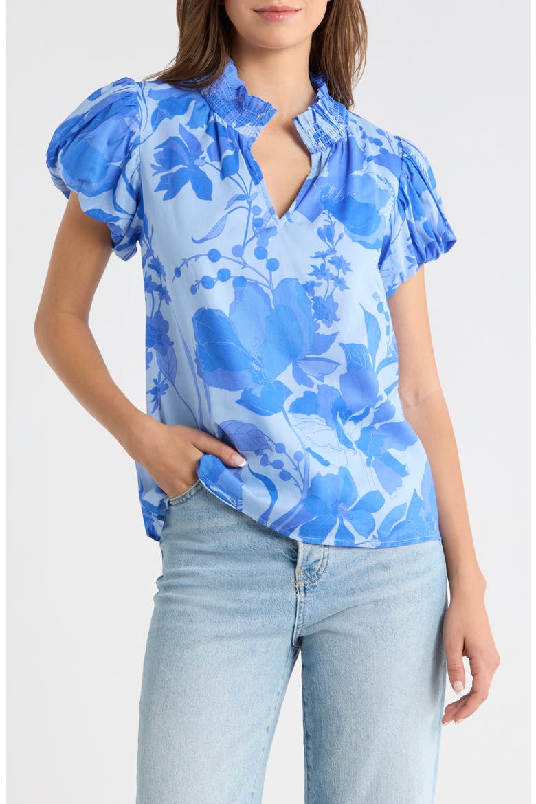 Veran Floral Puff Sleeve Cotton Top, Main, color, LIGHT BLUE