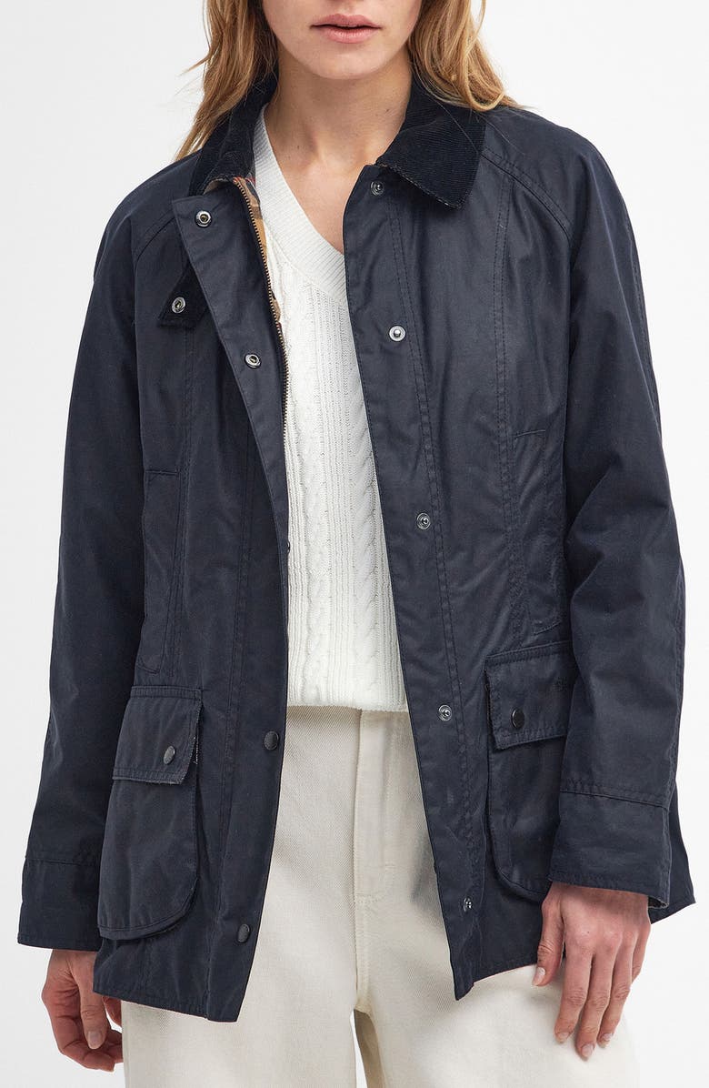 Barbour Beadnell Water Resistant Waxed Cotton Jacket, Main, color, Navy