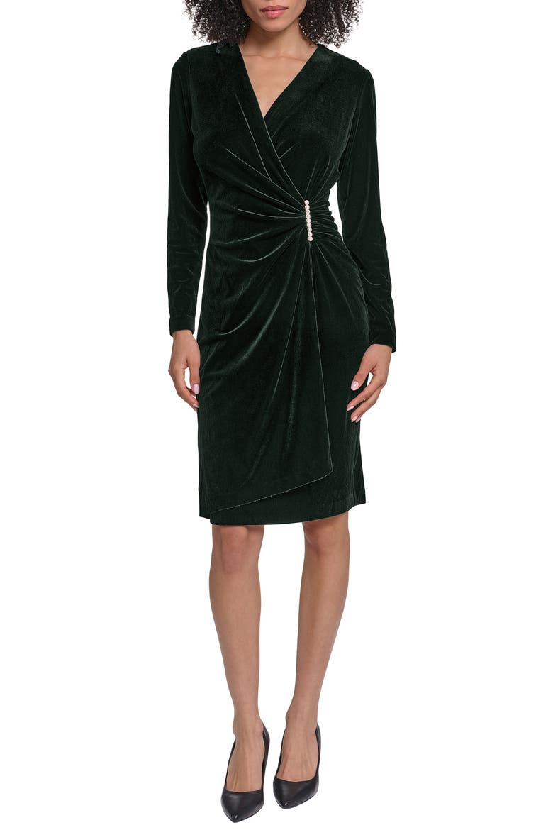 Faux Pearl Detail Long Sleeve Stretch Velvet Faux Wrap Dress, Main, color, BLACK