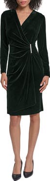 KARL LAGERFELD PARIS Faux Pearl Detail Long Sleeve Stretch Velvet Faux Wrap Dress
