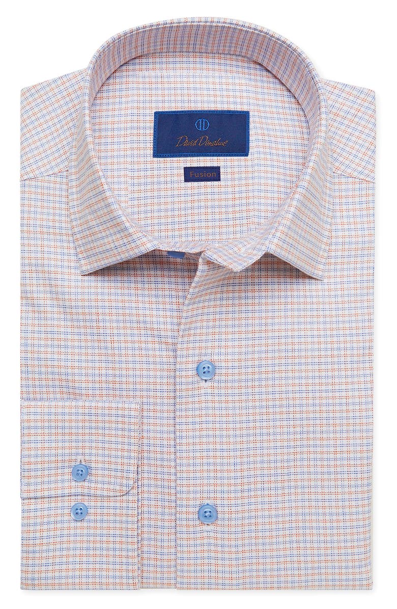 David Donahue Trim Fit Check Stretch Cotton & Linen Dress Shirt, Main, color, 