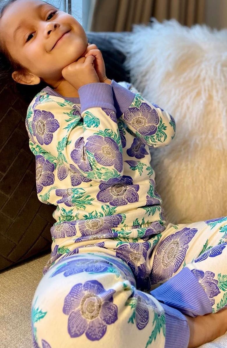 Mightly 100% Organic Cotton Print Long Sleeve Snug Fit Kids Pajamas, Alternate, color, Purple Poppy