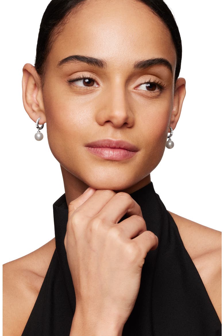 Pearl and Pavé Drop Earrings in 18K Yellow Gold with Diamonds, Alternate, color, STERLING SILVER