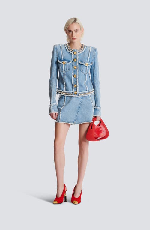 Balmain Faux Pearl-embellished Frayed Denim Jacket