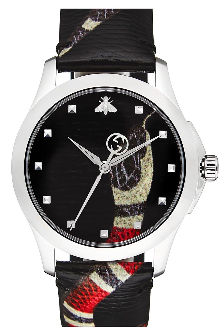 Snake Insignia Leather Strap Watch, 40mm, Main, color, BLACK