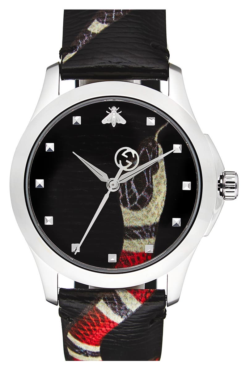 Gucci Snake Insignia Leather Strap Watch, 40mm, Main, color, 