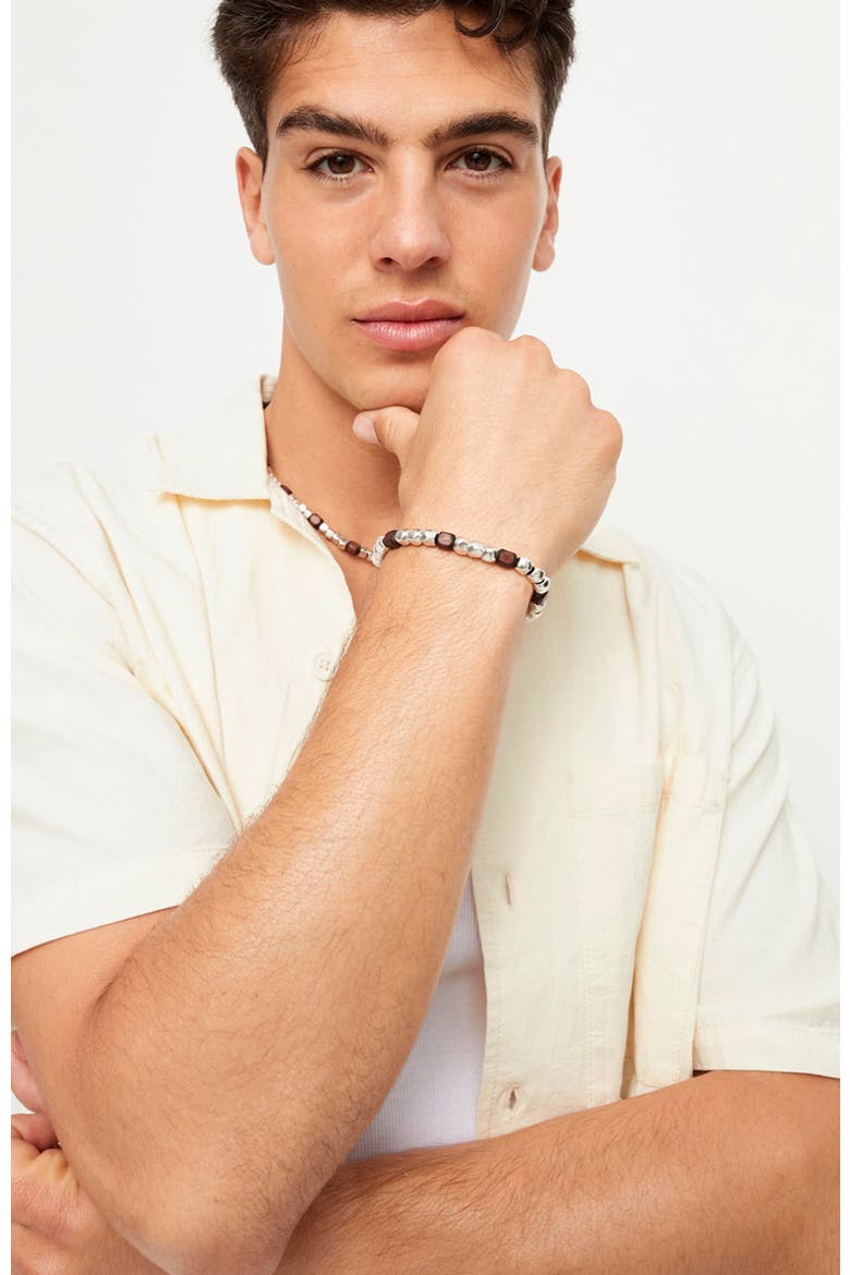 Elastic Bracelet with Beads Plated in Sterling Silver and Wooden Beads, Alternate, color, Silver