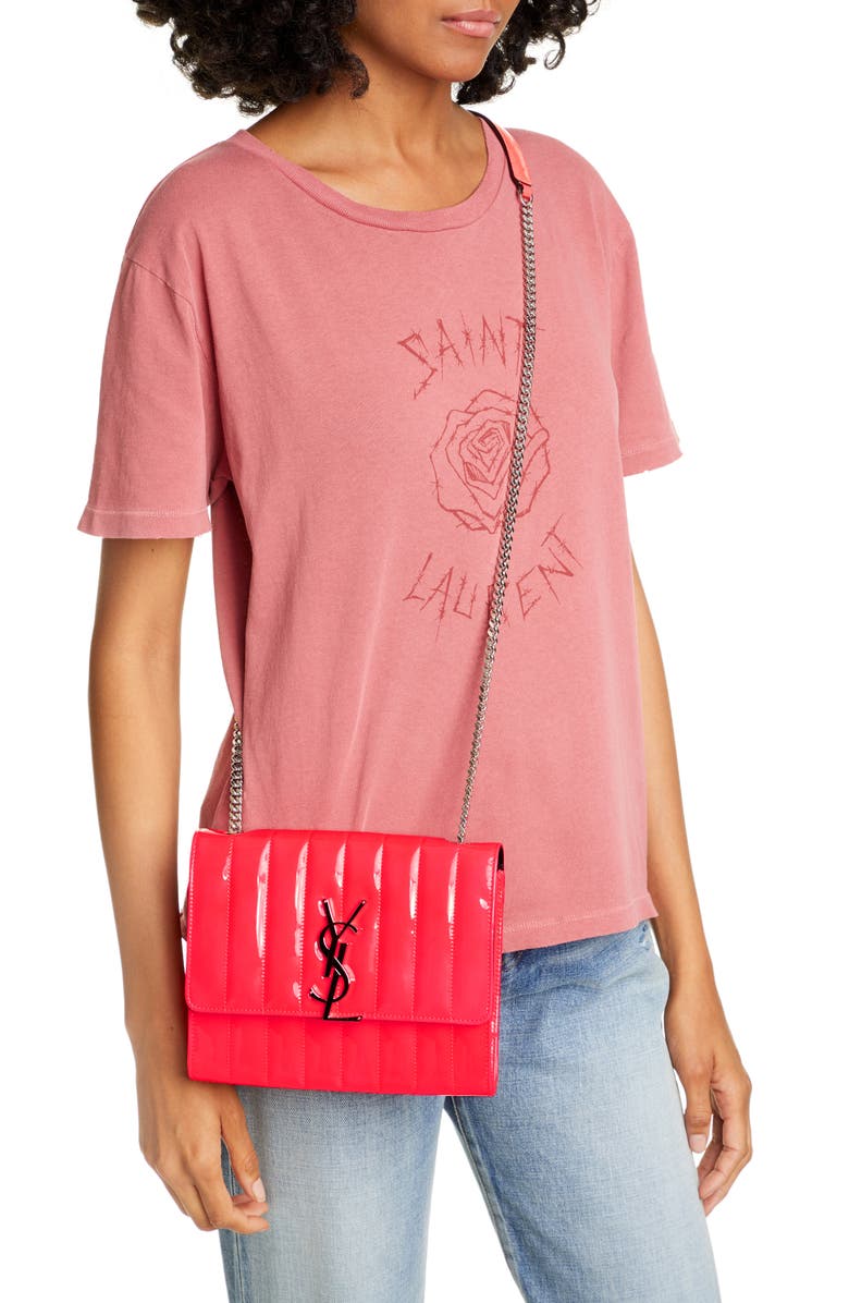 Saint Laurent Vicky Patent Leather Wallet on a Chain, Alternate, color, 