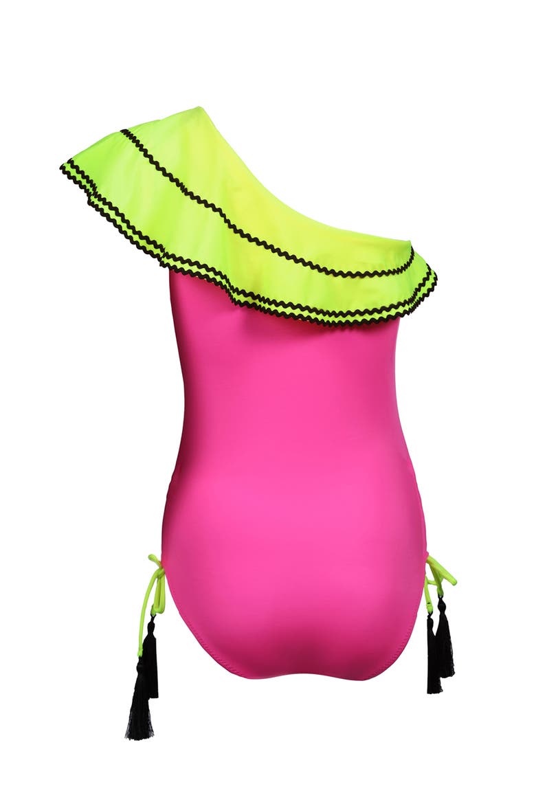 Kids' One Shoulder Ric-Rac Trim Ruffle One-Piece Swimsuit, Alternate, color, Pink