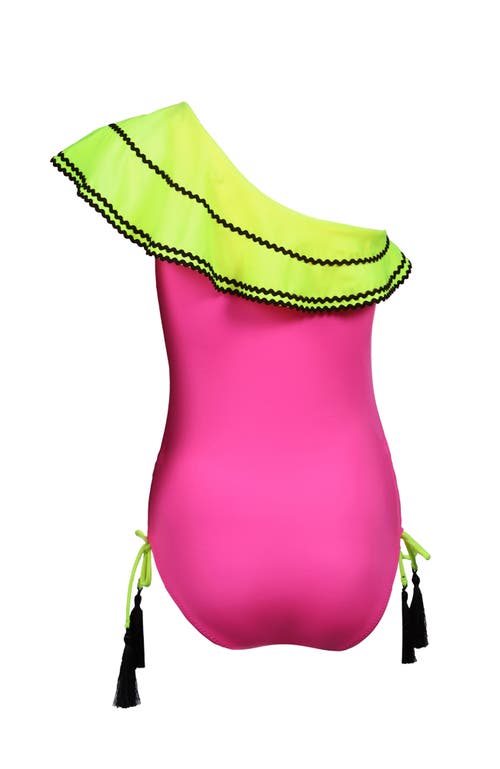 Nessi Byrd Kids' One Shoulder Ric-rac Trim Ruffle One-piece Swimsuit In Pink
