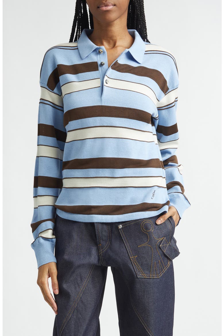Stripe Cotton & Wool Blend Rugby Polo, Main, color, MISTY BLUE