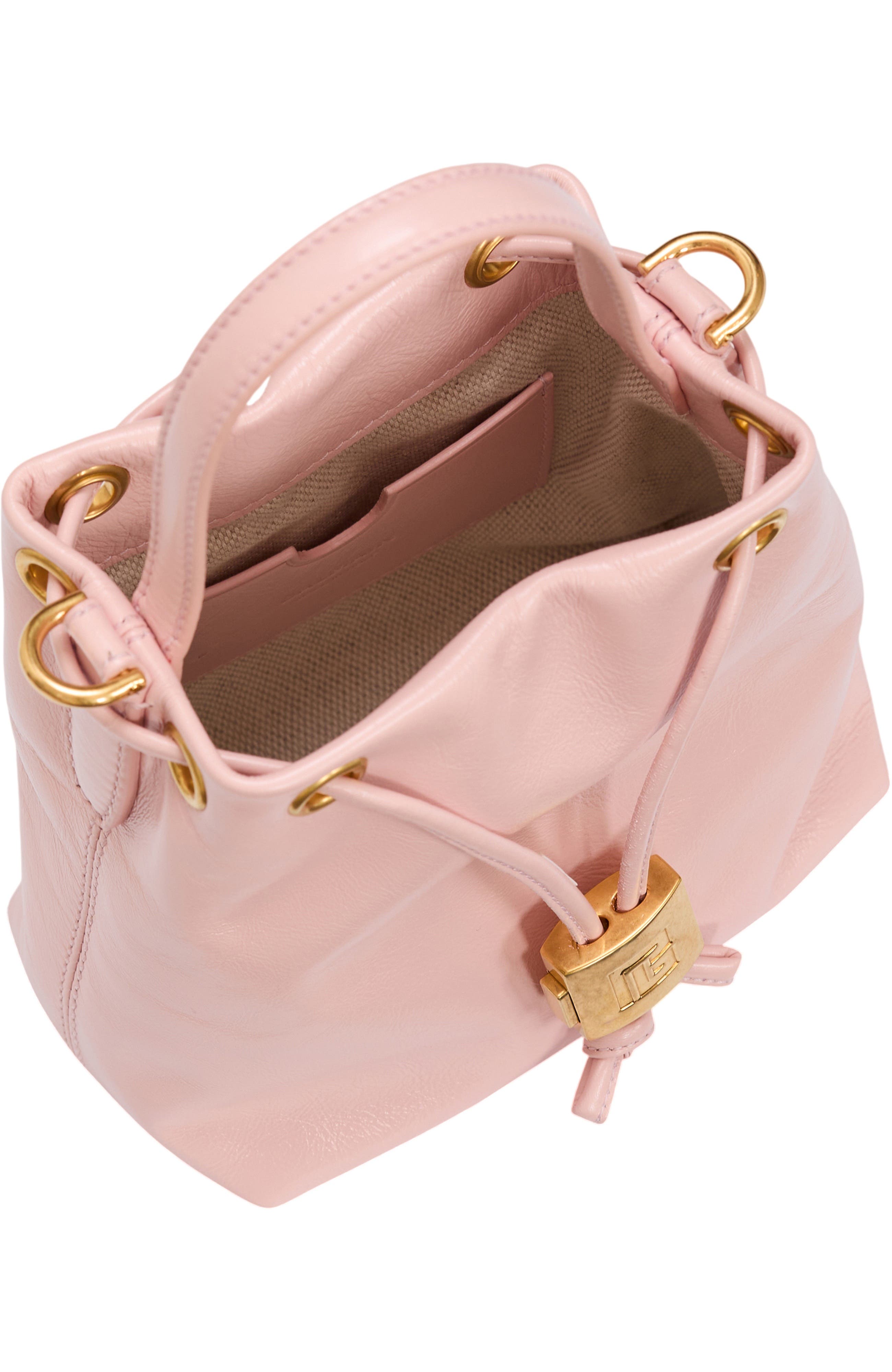 Balmain Pulse Bucket bag in smooth leather, Alternate, color, Pink