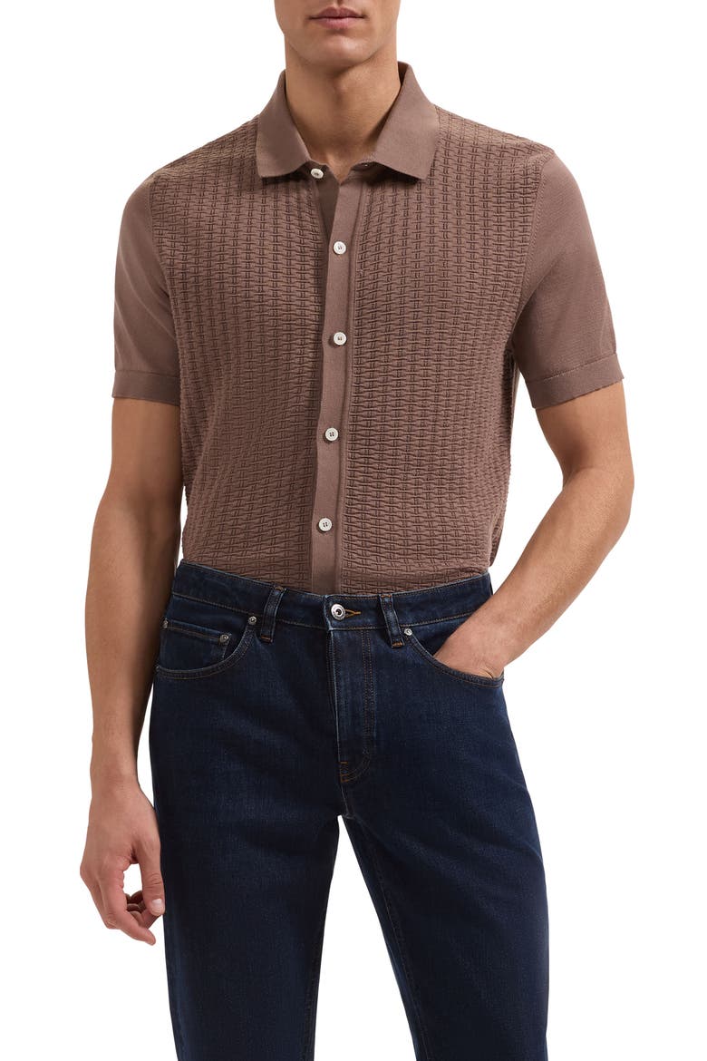 Basket Weave Knit Short Sleeve Cotton Full Button Cardigan, Main, color, TOBACCO