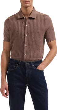 Bugatchi Basket Weave Knit Short Sleeve Cotton Full Button Cardigan