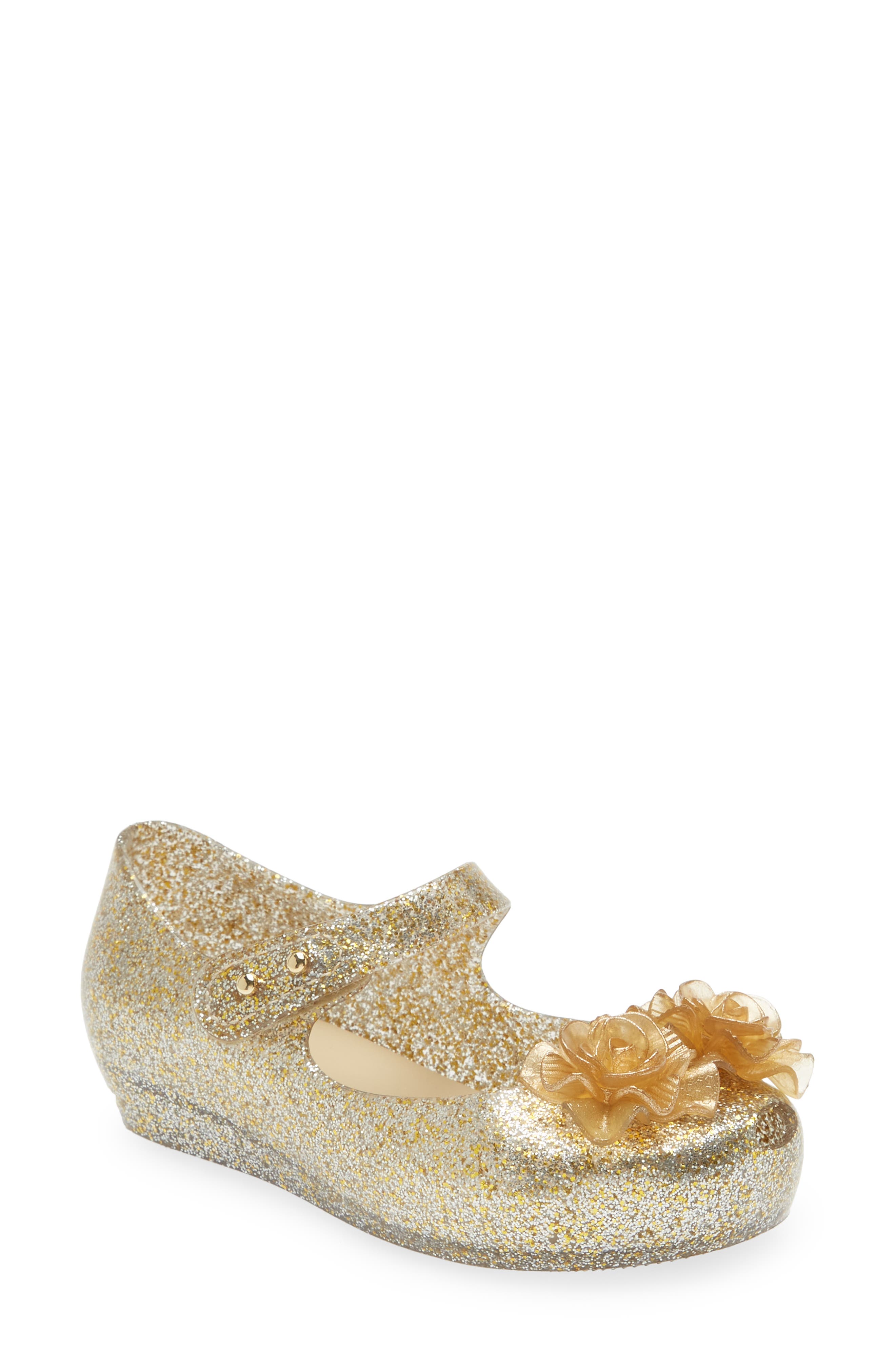 Melissa Mini Ultragirl Garden Mary Jane Flat, Main, color, Clear Glitter Gold