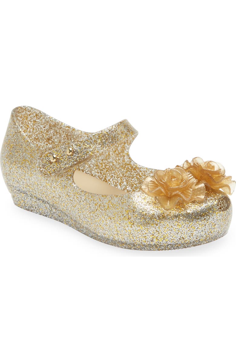 Melissa Mini Ultragirl Garden Mary Jane Flat, Main, color, Clear Glitter Gold
