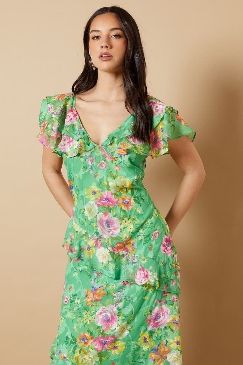 Ruffle Sleeve Jacquard Midi Dress, Alternate, color, Green