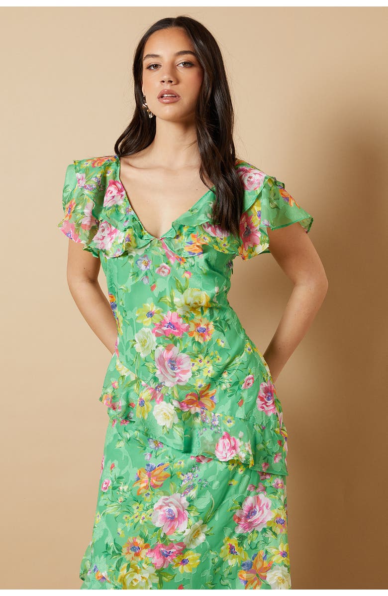 Oasis Ruffle Sleeve Jacquard Midi Dress, Alternate, color, Green