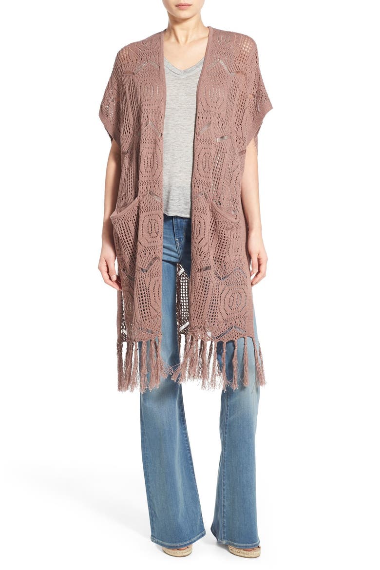 Open Knit Fringe Long Cardigan, Alternate, color, TAN ANTLER