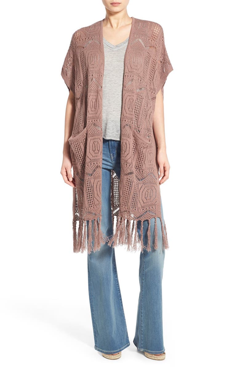 Hinge Open Knit Fringe Long Cardigan, Alternate, color, 
