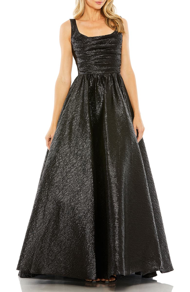 Mac Duggal Metallic Pleated Bodice Ballgown, Main, color, Black