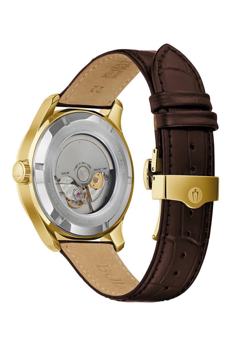 Wilton GMT Automatic Leather Strap Watch, 43mm, Alternate, color, GOLD-TONE