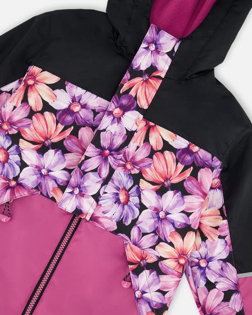 Deux Par Deux Girl's Two-piece Mid-season Outerwear Set Black With Pink And Orange Flowers In Black Pink And Orange Flowers