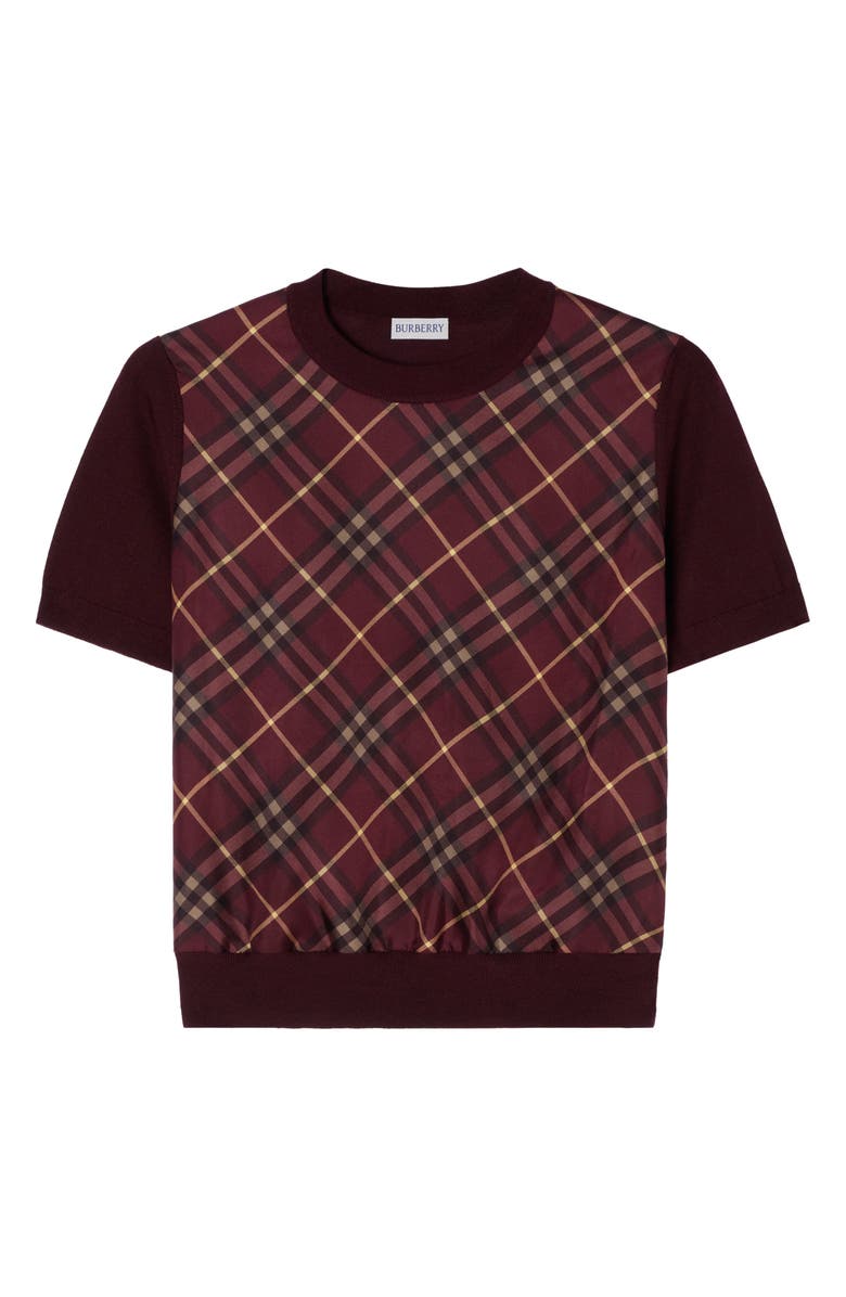 Burberry Sandrina Scarf Front Short Sleeve Wool & Silk Crewneck Sweater, Alternate, color, Vineyard Red