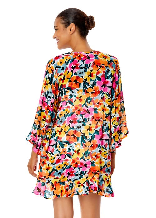 Anne Cole Gradient Floral Flounce V Neck Tunic Swimsuit Cover Up In Gradient Floral