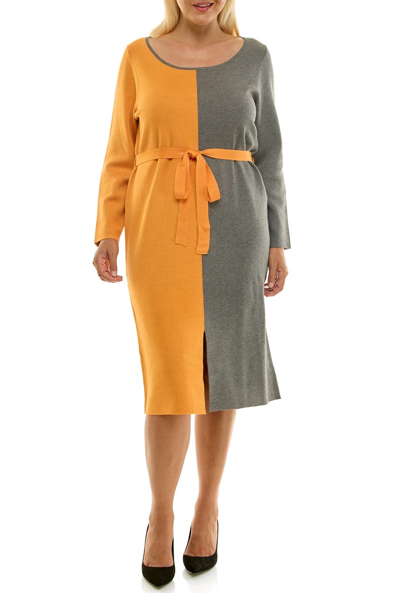 Boat Neck Long Sleeve Colorblock Sweater Dress, Main, color, TANGERINE/GREY