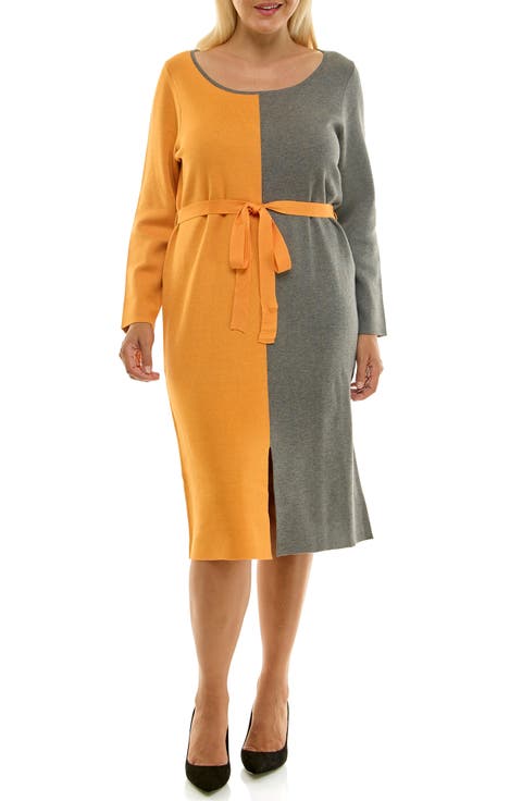 Boat Neck Long Sleeve Colorblock Sweater Dress (Plus)