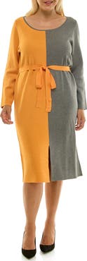 Nina Leonard Boat Neck Long Sleeve Colorblock Sweater Dress