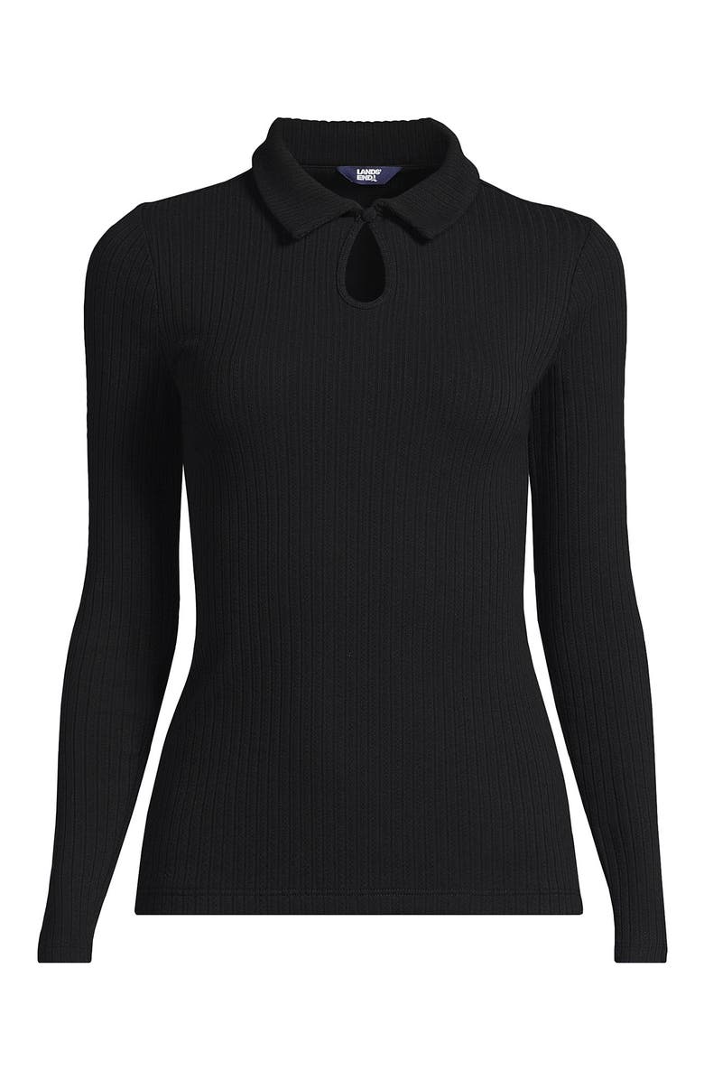 Lands' End Long Sleeve Pointelle Rib Keyhole Polo Top, Alternate, color, Black
