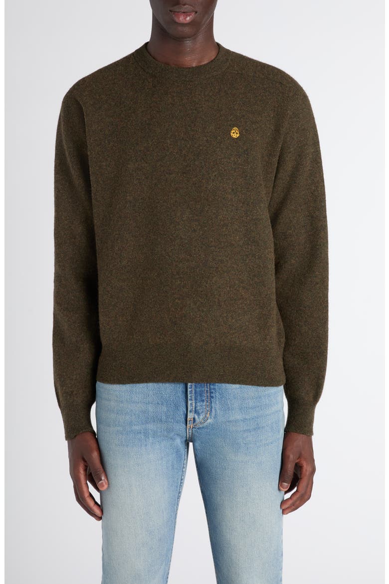 Embroidered Skull Wool Crewneck Sweater, Main, color, OLIVE/ HONEY